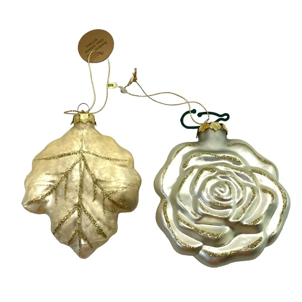 Vtg‎ Pair of Cream Gold Glass Ornaments Taiwan & China Leaf and Rose 4 1/2 in
